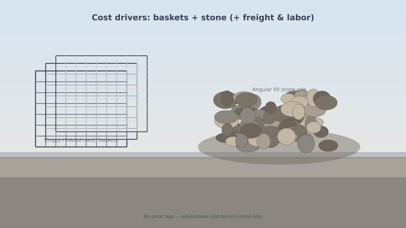 Empty gabion mesh baskets beside a pile of angular fill stone on a residential job site
