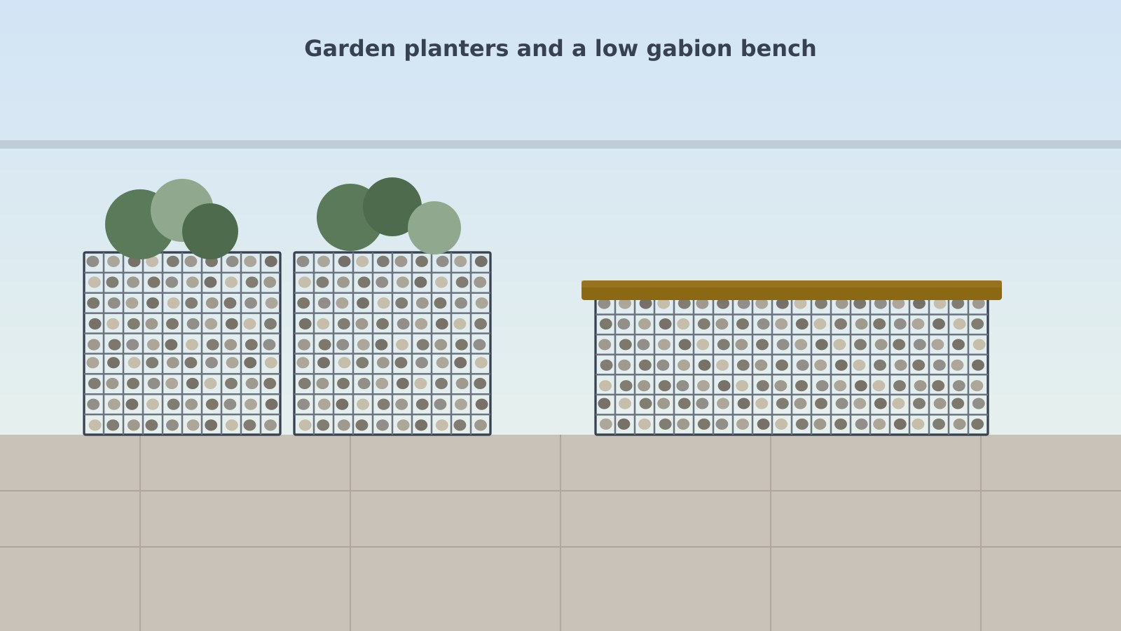 Garden patio with gabion planter boxes and a low gabion bench filled with mixed natural stone