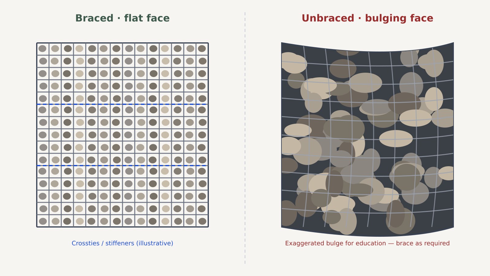 Educational illustration contrasting a braced flat gabion face with a bulging unbraced face