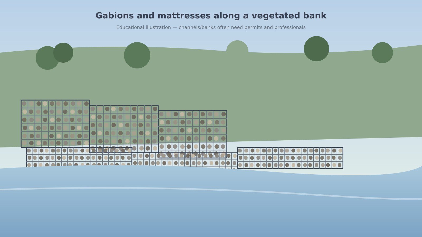Stone-filled gabion baskets and shallow mattresses protecting a vegetated stream bank