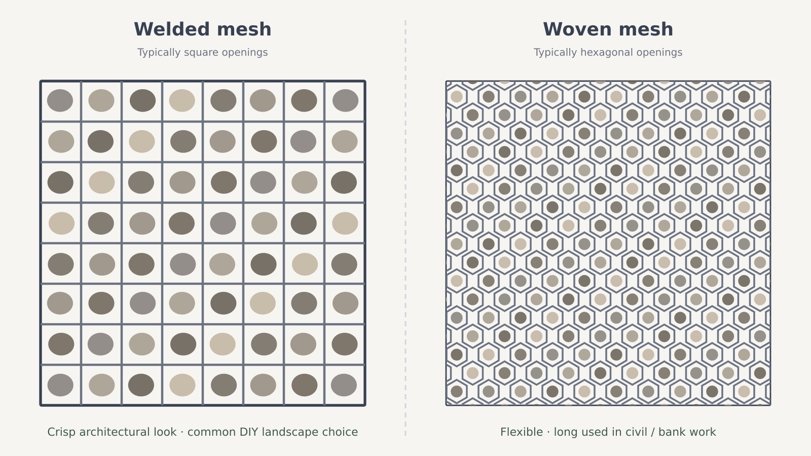 Close-up comparison of square welded gabion mesh beside hexagonal woven gabion mesh